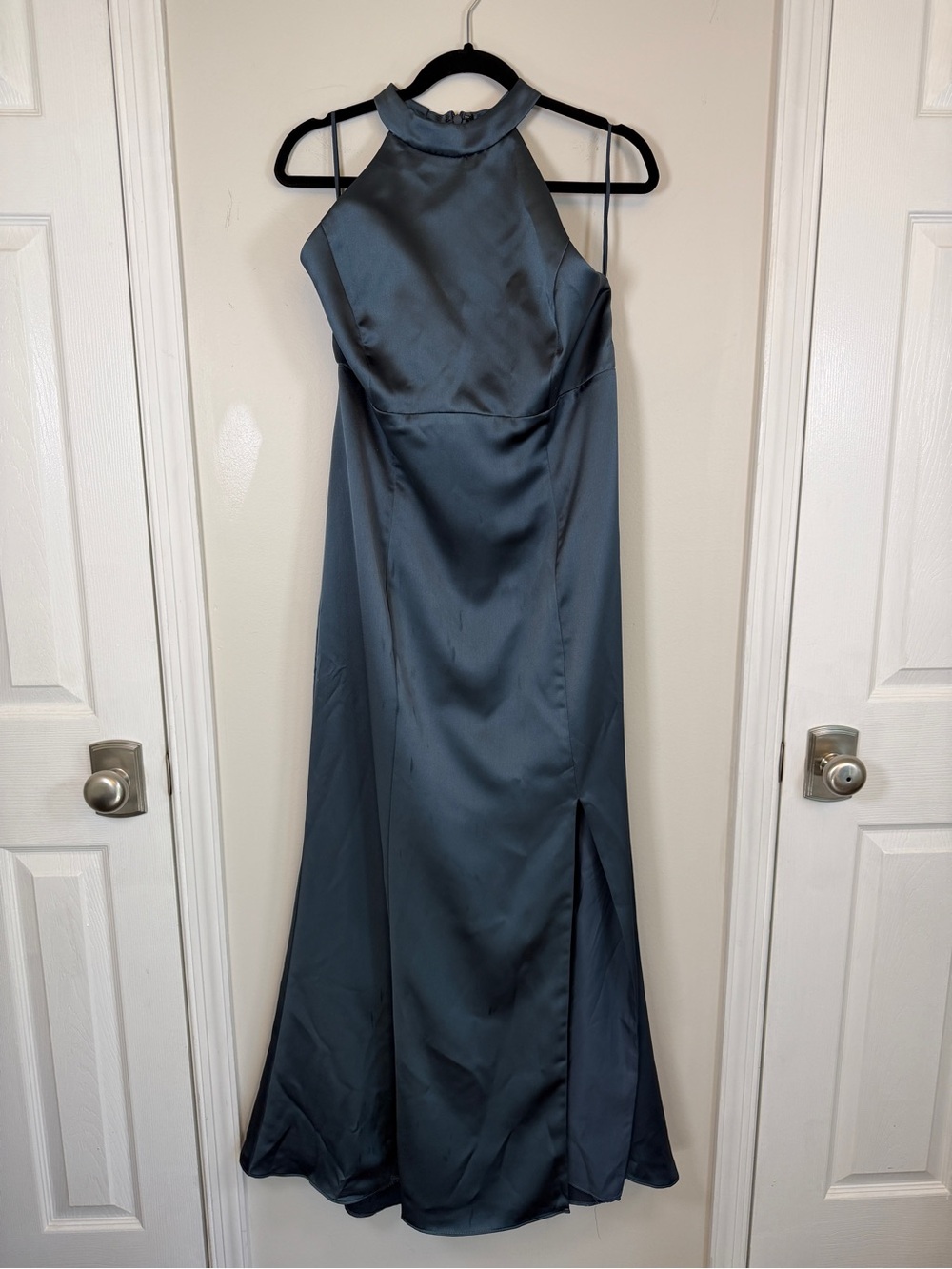 AMSALE Satin Halter Neck Evening Gown Maxi Dress Navy Blue Size 18